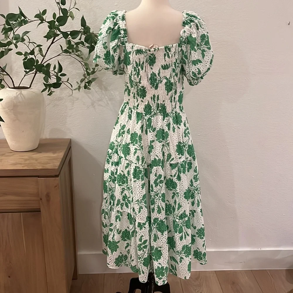 Rachel Parcell | Stencil Floral Eyelet Puff Sleeve Midi Dress Foliage Green - Picture 7 of 12